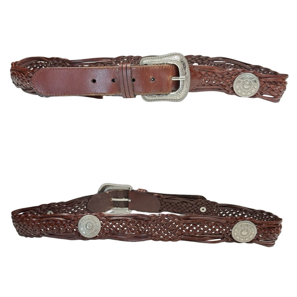Western Brown Genuine Bonded Leather Silver Concho Braided Woven Belt Size Large